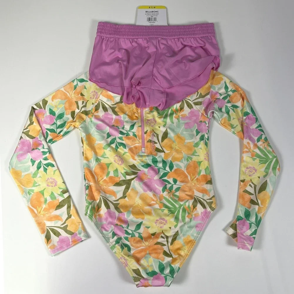 Billabong Kids Girls 2-Piece Swim Set Floral Long Sleeve Rashguard Shorts S 7/8